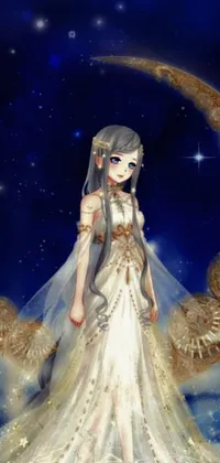 This stunning live wallpaper features a beautiful woman in a white wedding dress standing gracefully on a crescent moon
