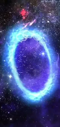This sensational phone live wallpaper boasts a circular blue ring amidst a galactic swirling atmosphere adorned with holographic designs and a portal to the mysterious Lost Flame Realm