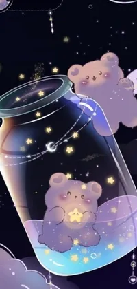 This live wallpaper features an adorable digital art design with a couple of teddy bears floating in a jar