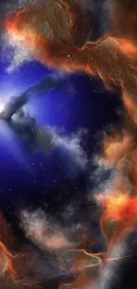 Get mesmerized by this stunning live wallpaper featuring an image of a black hole in the sky, surrounded by vibrant colors of orange, red, blue, and purple