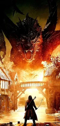 This phone live wallpaper features an intense scene of a man wielding a sword while facing a fiery dragon and a burning city