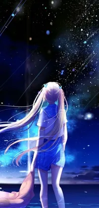 This live wallpaper features an anime-style girl standing in a sparkling body of water, surrounded by light and space