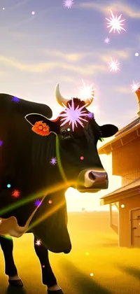 Experience a beautiful rural setting with this stunning phone live wallpaper! Featuring a black and white cow in front of a red barn, the golden hour background creates a warm and inviting scene