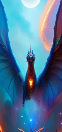 This phone wallpaper depicts a detailed illustration of a fantasy dragon in flight against a stunning sky backdrop