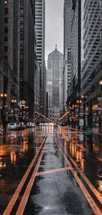 This phone live wallpaper depicts an overcast street scene in a bustling city