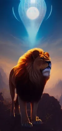 This stunning live wallpaper depicts a powerful lion standing atop a mountain, overlooking a landscape with beautiful volumetric clouds in the background