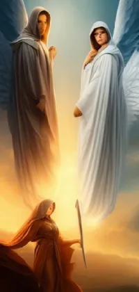 This stunning live phone wallpaper features two angels in a dreamlike, serene composition