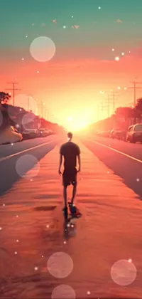 This live phone wallpaper showcases a breathtaking digital artwork depicting a man skateboarding alongside his dog down a scenic street at sunrise