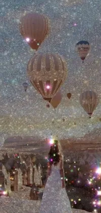 This mesmerizing phone live wallpaper features a woman standing before hot air balloons, against a backdrop of a floating palace in the heavens