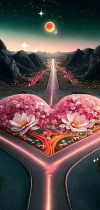 Decorate your phone screen with this stunning live wallpaper featuring a heart painting on a road amidst a serene backdrop of lotus flowers