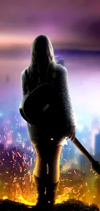 This stunning phone live wallpaper features a digital illustration of a woman standing on a hill holding a guitar