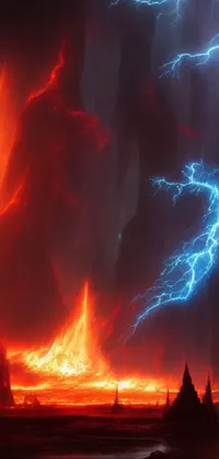 This phone live wallpaper showcases a breathtaking fantasy art concept of a man stationed in front of an erupting volcano with lightning discharging from it