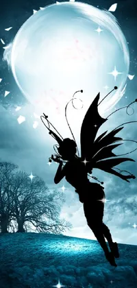 A mystical phone live wallpaper with a fairy silhouette in front of a full moon, offering a flickr effect with fantastical elements