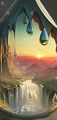 This awe-inspiring phone live wallpaper showcases a surrealist painting of an enchanting waterfall captured within a single droplet of water