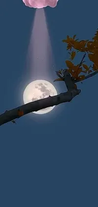 Enhance your phone display with a stunning live wallpaper featuring a beautifully drawn tree branch against a mesmerizing full moon background