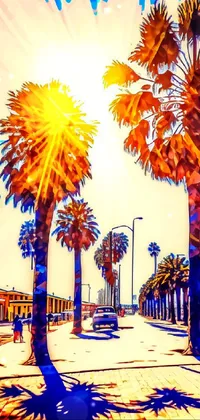 Transform your phone into a tropical paradise with this gorgeous live wallpaper! Featuring a digital painting of palm trees on a sunny day and a view of a long beach in vibrant lights, this wallpaper exudes a calming view
