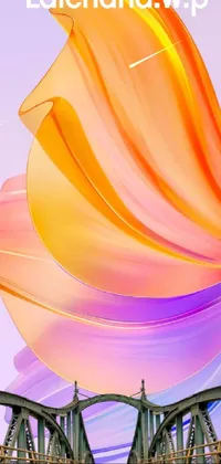 This phone live wallpaper showcases an awe-inspiring abstract art piece by Android Jones, featuring a colorful object on a bridge, set against a backdrop of orange ribbons
