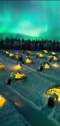 This phone live wallpaper features a captivating scene of igloos atop a snow-covered field with neon-lit city domes in the distance