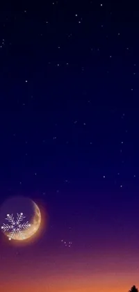This phone live wallpaper showcases a mesmerizing image of a full moon in a dark night sky with trees in the foreground, complemented by falling snowflakes and a star chart for a unique twist
