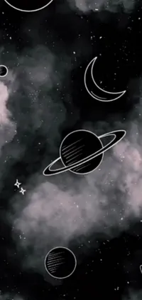 Enhance your phone's screen with a captivating black and white live wallpaper featuring planets and stars in a stunning formation
