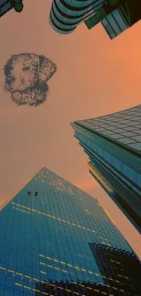 This phone live wallpaper features a striking digital art concept of a dog in the sky against a background of tall buildings