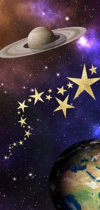 This stunning live wallpaper exhibits a beautiful space art of stars orbiting around a planet