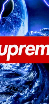 This incredible live wallpaper features a red Supreme logo emblazoned on a blue background, set against a stormy, lightning-filled sky