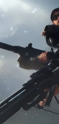 This live phone wallpaper showcases an intense and detailed image of a man with a rifle on a snow-covered ground