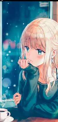 This captivating live phone wallpaper showcases a young anime girl savoring a hot cup of coffee while gazing out of a window at the falling snow