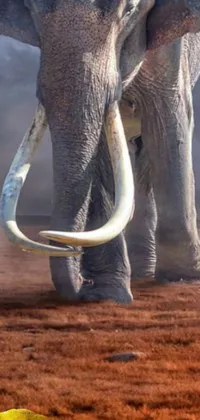 This phone live wallpaper depicts a majestic elephant standing in soil, brandishing a scimitar made of bone