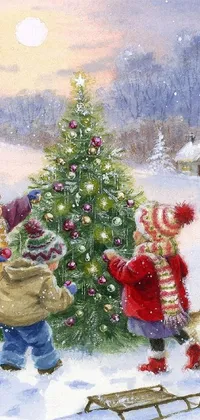 Looking for a beautiful Christmas-themed live wallpaper for your phone? Look no further than this stunning illustration of children decorating a Christmas tree! Created by a talented artist, this highly-detailed illustration captures the excitement and joy of the holiday season in a beautiful and immersive way