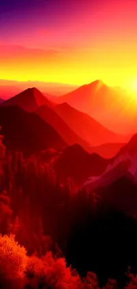 Experience the serene beauty of a scenic mountain range at sunset with this exquisite phone live wallpaper