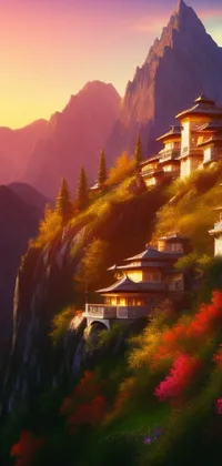 This stunning phone live wallpaper features a group of buildings on a mountain in Bhutanese style architecture with fantasy elements