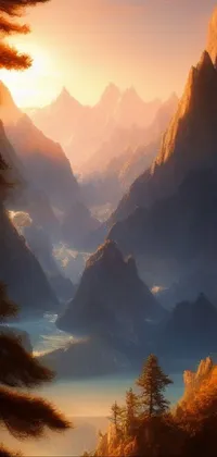 This live wallpaper showcases a stunning painting of a mountain range with a serene lake in the foreground