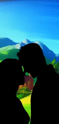 This phone live wallpaper showcases a bright and cheerful painting of a couple in silhouette enjoying a passionate embrace in a serene field on a sunny day with mountains in the background
