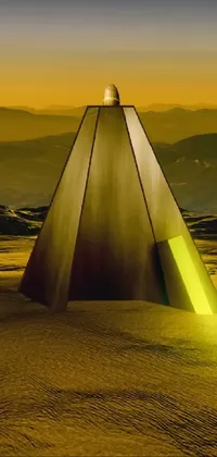 This live wallpaper features a striking pyramid set amidst a vast desert backdrop with towering mountains in the distance, set on the surface of the moon