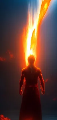 This live wallpaper depicts a muscular male hero standing in water with a torch creating reflections