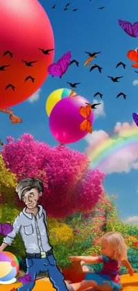 Decorate your phone with this magical live wallpaper featuring two kids playing with balloons in a park