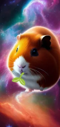 This phone live wallpaper showcases an adorable hamster on a galaxy background, with a digital rendering by Julia Pishtar