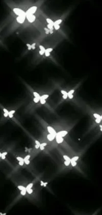 This captivating live phone wallpaper showcases a stunning black and white photograph brimming with fluttering butterflies