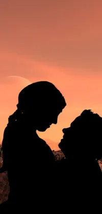 This phone live wallpaper captures a stunning digital rendering of a romantic couple standing on a mountain