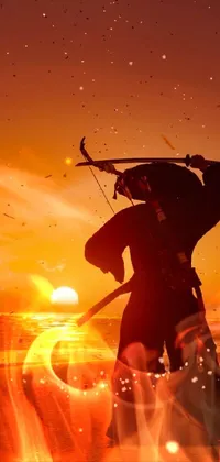 Enjoy this stunning phone live wallpaper featuring a powerful man with a longbow standing on a sandy beach overlooking a breathtaking red and orange sunset on the ocean
