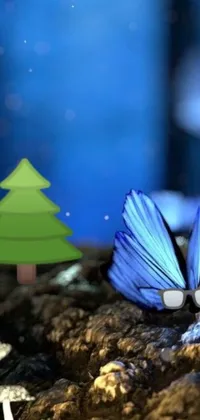 This blue butterfly live wallpaper features a serene scene of a butterfly resting on a rock beside a tree