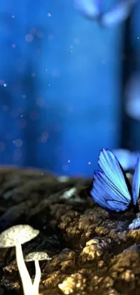 This stunning blue butterfly live wallpaper features a glowing mushroom with delicate spots and sparkling crystals on the ground