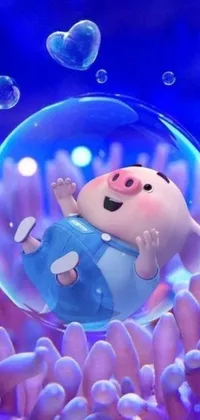 Looking for a fun and playful phone wallpaper? Look no further than this vibrant live wallpaper featuring a cute cartoon pig bouncing around in a bubble full of bubbles! Created by a talented digital artist, this 3D CG artwork is sure to add a touch of charm to your home screen, with its blueish tones and animated movements