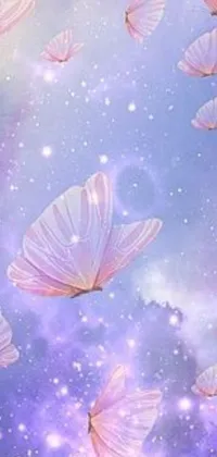 This stunning phone live wallpaper features a group of colorful butterflies flying gracefully in a magical sky