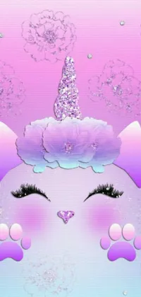 This adorable phone live wallpaper features a digital art rendition of a cat with a unicorn horn, complete with a mauve flower for a face and sparkly glitter or crystals adorning the horn