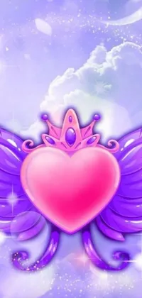 This live phone wallpaper features a heart with wings and a crown, adorned with soft purple glow and designed in digital art style