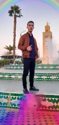 This live phone wallpaper showcases a man in a bomber jacket posing in front of a fountain with a Moroccan city backdrop