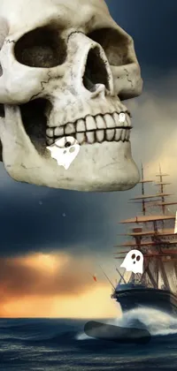 This live wallpaper showcases a detailed skull suspended above an ocean vessel on turbulent waters